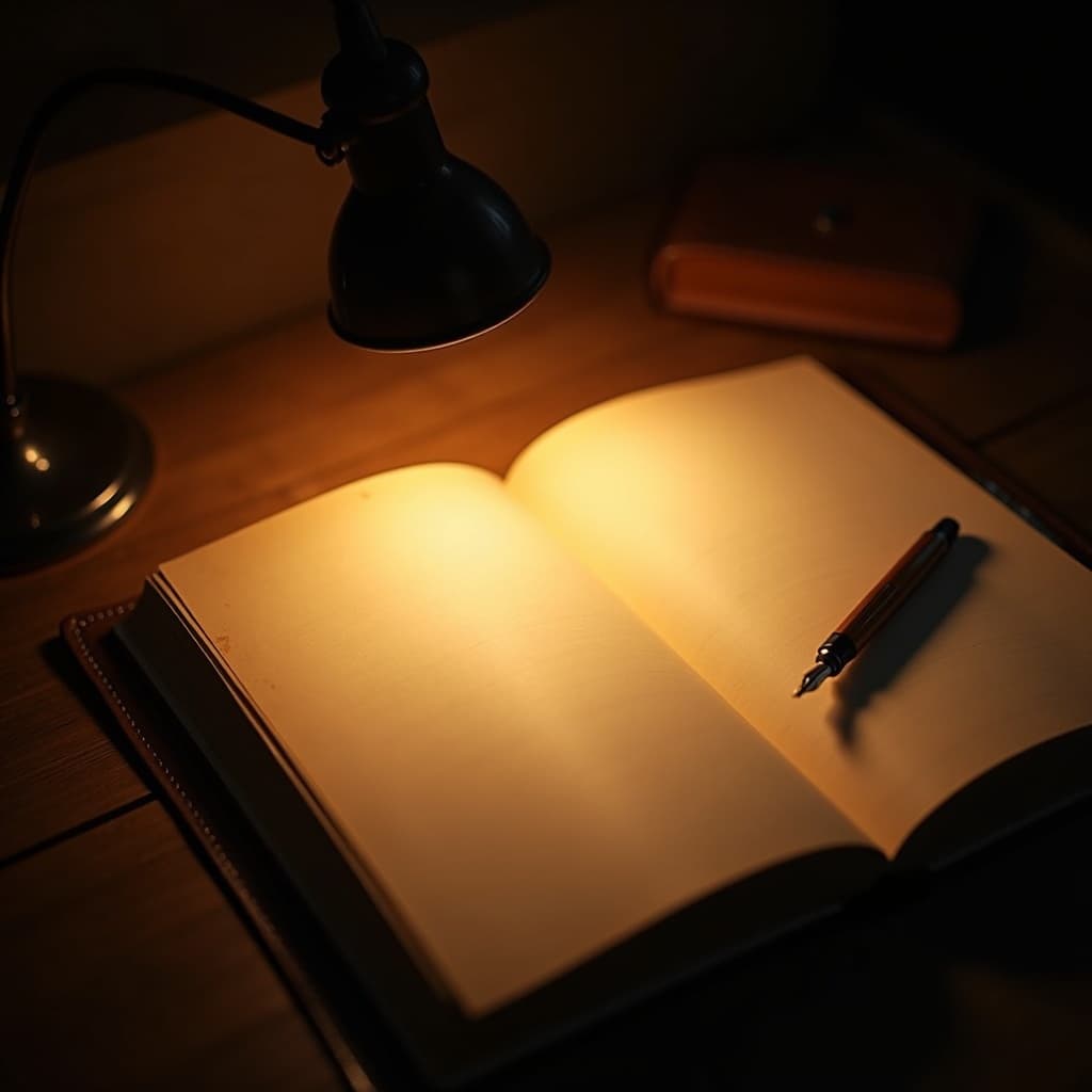 A leather-bound editorial notebook open on a wooden desk under a warm reading lamp, with a fountain pen resting beside the page.