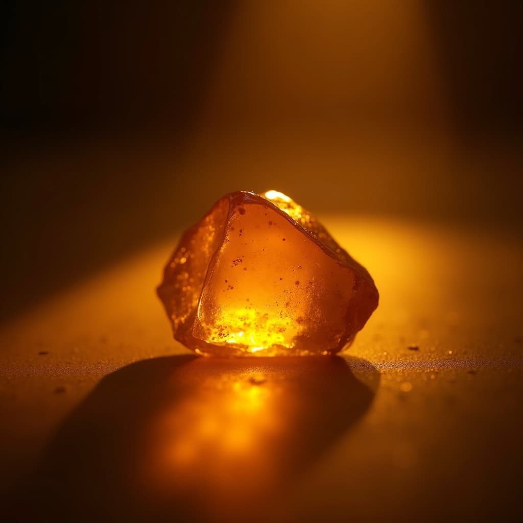 An amber crystal captured in a beam of warm light — the act of focusing attention on a single claim.